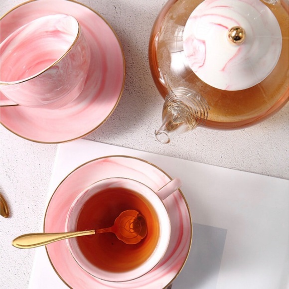 Pink Marble Printed Tea Set w/a Delicate Gold Trim - Picture 4 of 7
